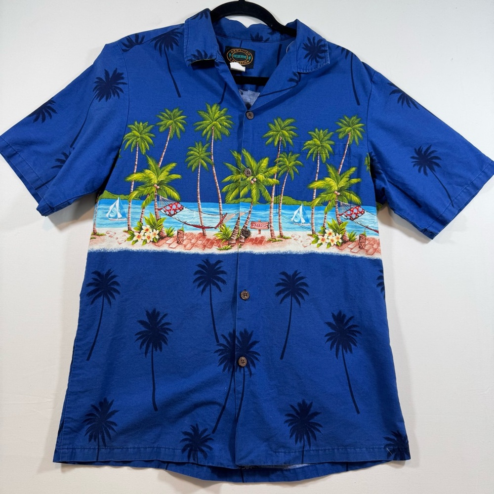 Hawaiian Reserve Collection Paradise Beach Shirt Men M Blue Cotton Aloha Hammock
